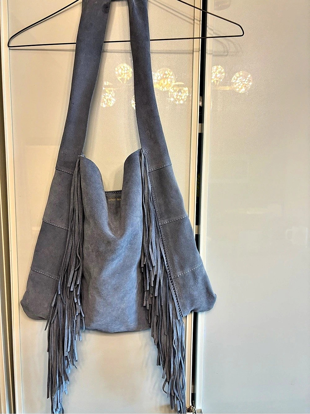 Johnny Was Italian Suede Fringe Hobo Bag Gray